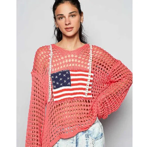 319 POL American Flag Black Open Knit Crochet Hoodie Top NWT Peach Echo - Picture 3 of 3